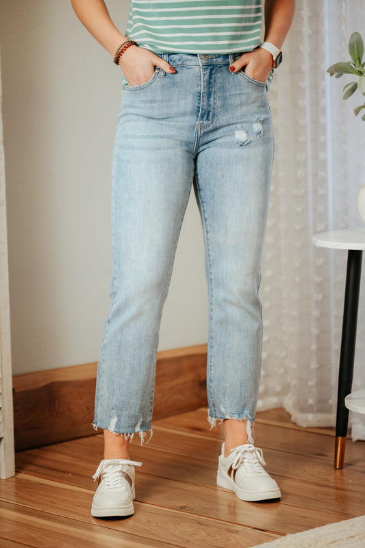 PLUS High Rise Raw Hem Straight Leg Jeans