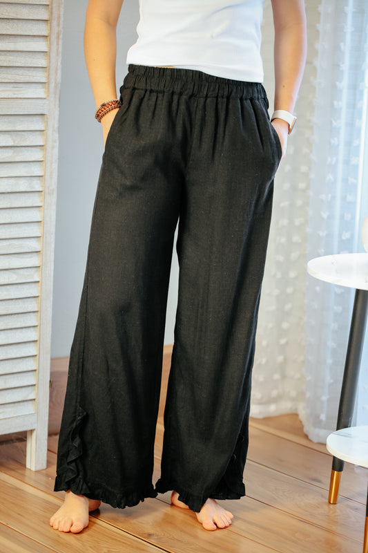 womens linen ruffle trim long wide leg pant black