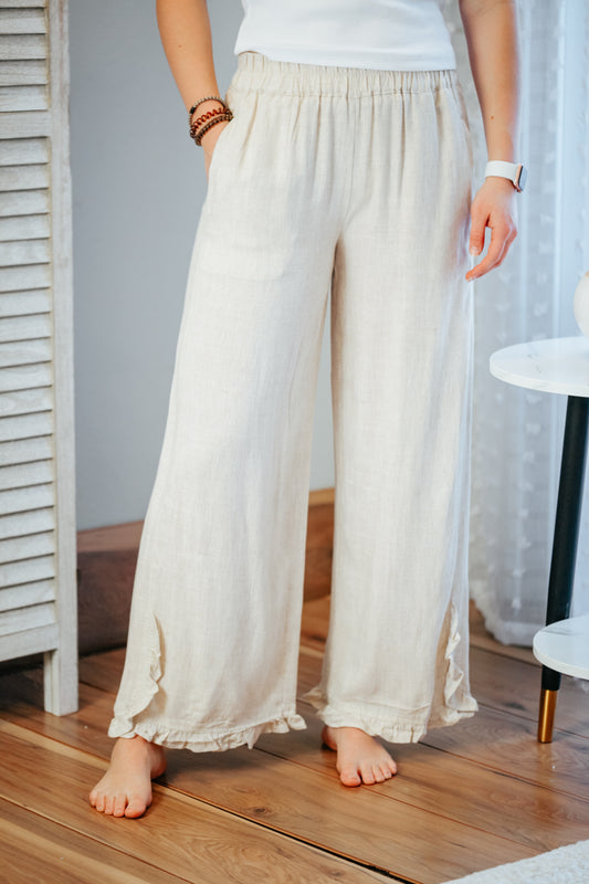 womens linen ruffle trim long wide leg pant oatmeal