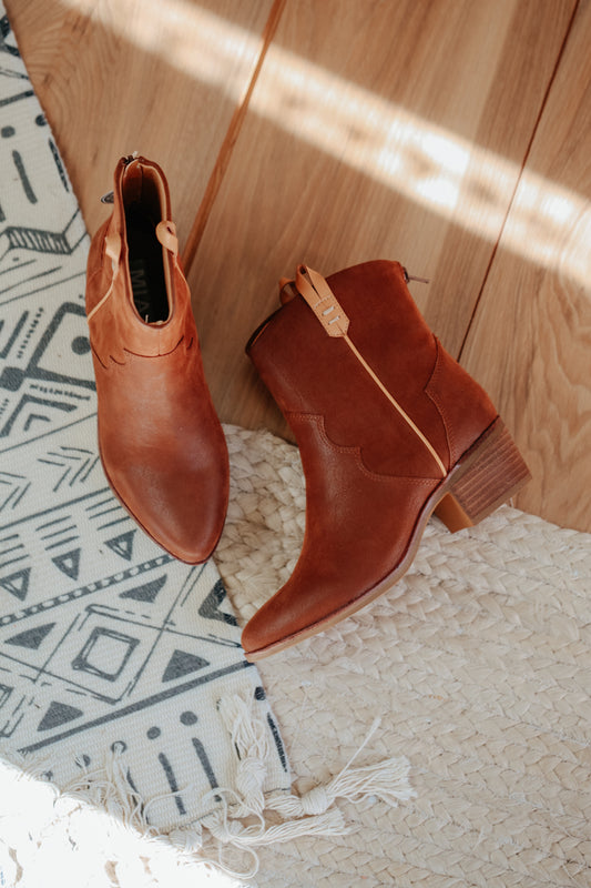 womens brown western ankle boot with heel pointed toe