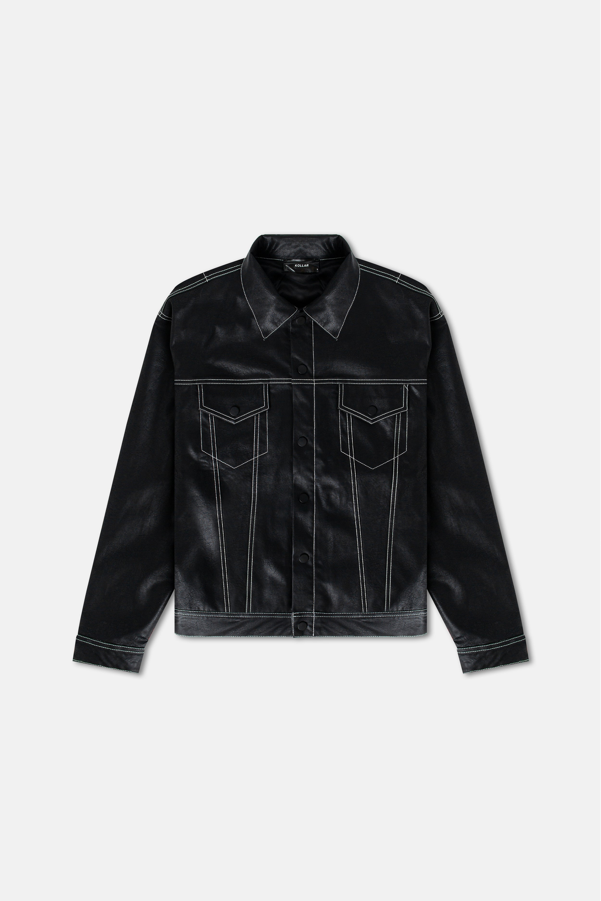 Image of Contrast Vegan Leather Jacket - Black