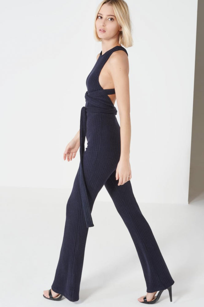 Navy Rib Knit Open Back Jumpsuit Coco Bella Boutique