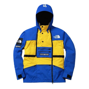 yellow and blue north face jacket