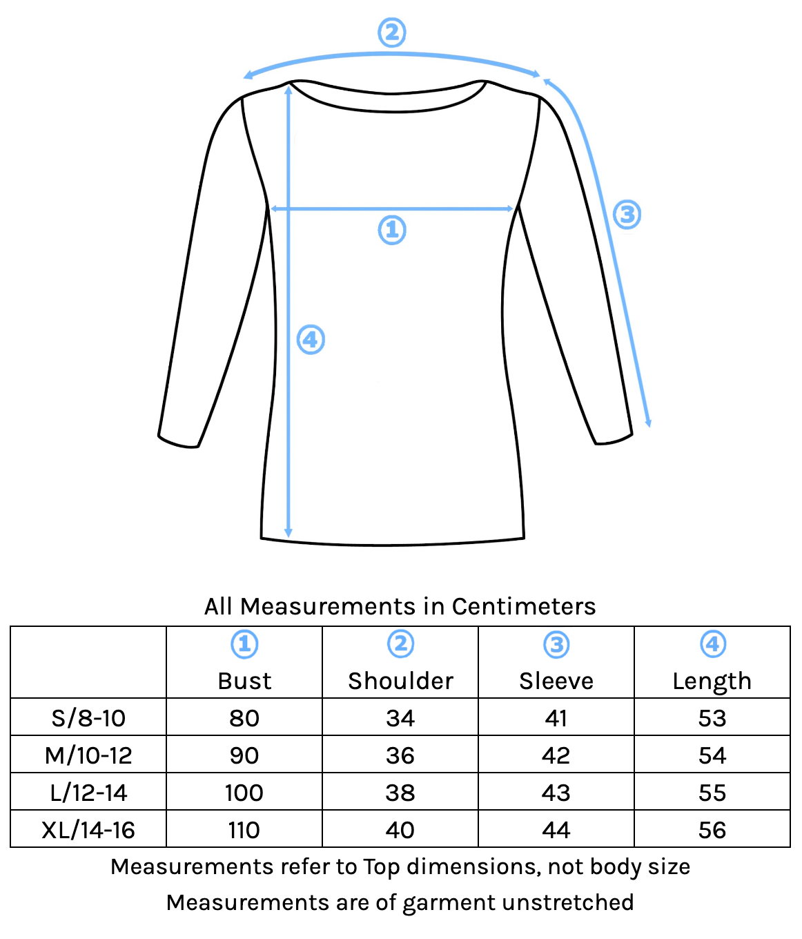 Boat Neck Top Size Chart