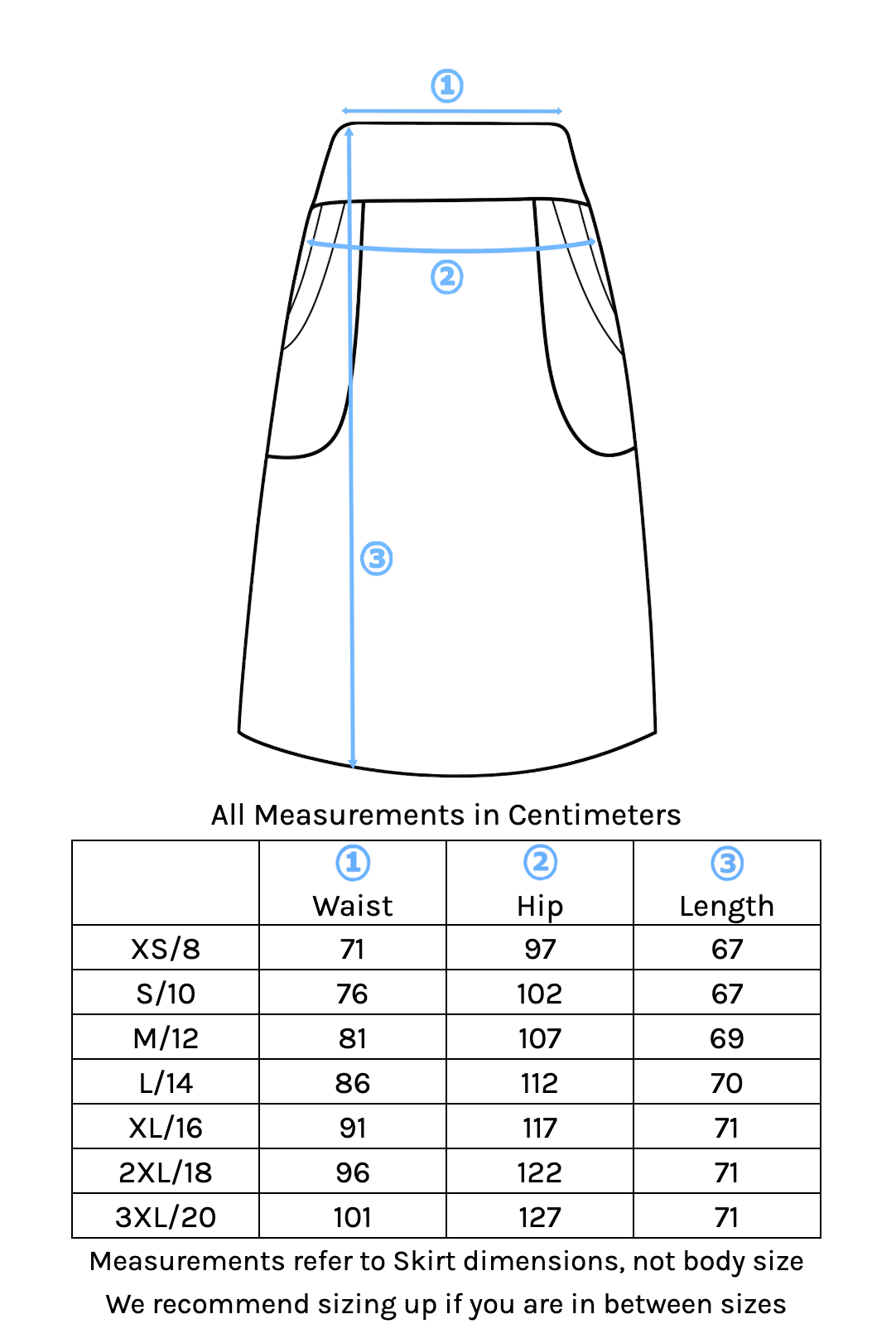 Bridgette Skirt Size Chart