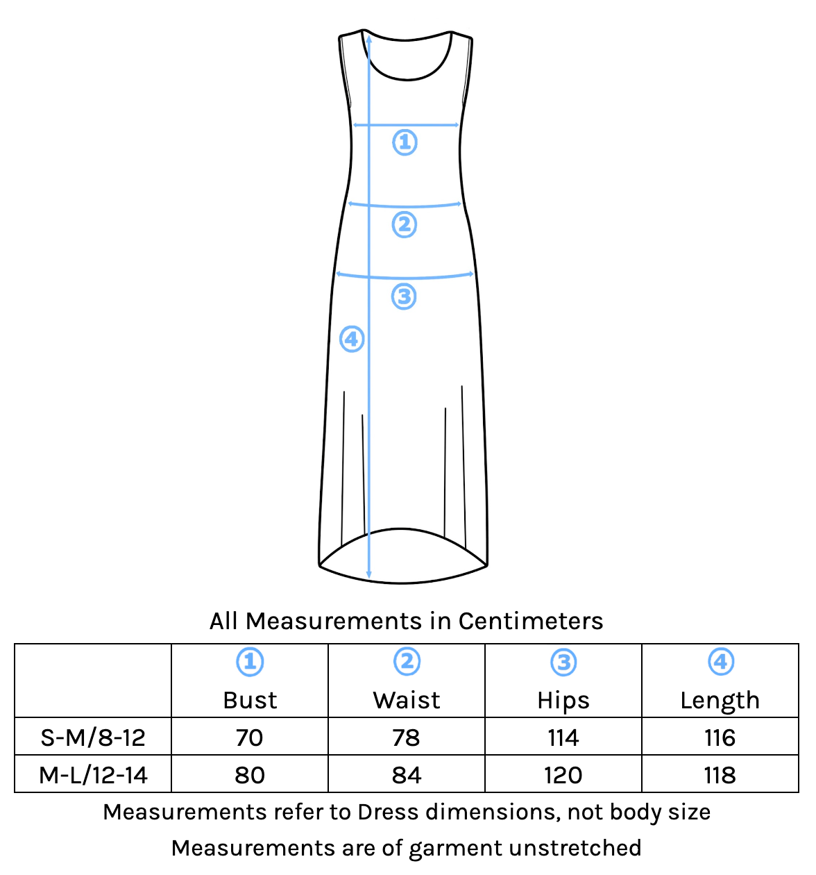 Concave Hem Dress Size Chart