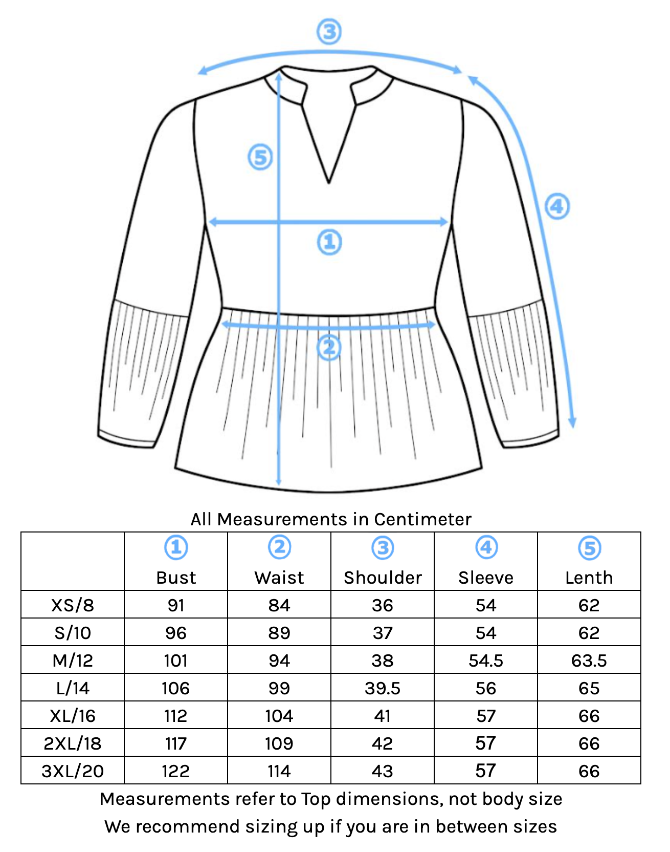 Kayra Top Size Chart