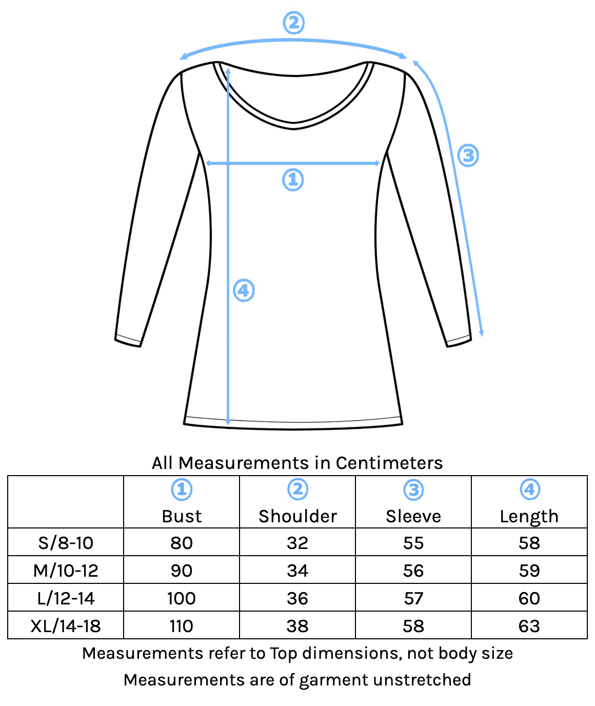 Long Sleeve Stretch V-neck Top Size Chart