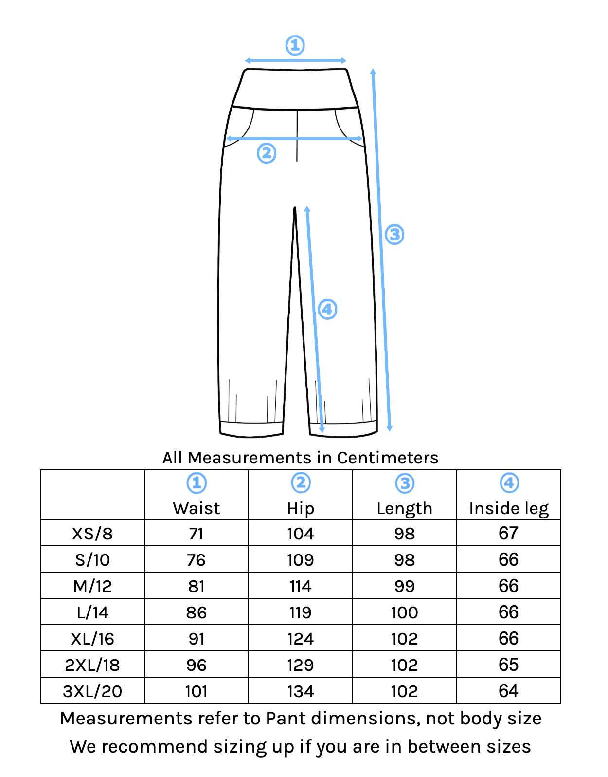 Nova Pant Size Chart