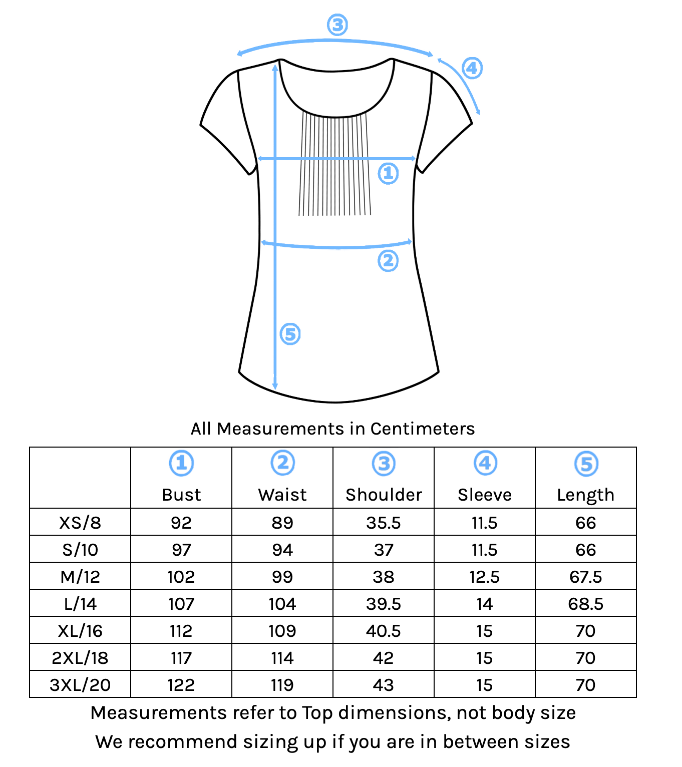 Tulsi Top Short Sleeve Size Chart