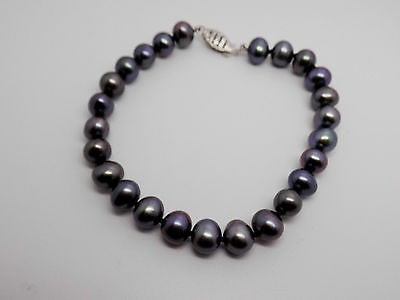 7.5" Black Freshwater Pearl Bracelet- 14K WG Knotted Strand Fishhook Clasp- NWOT