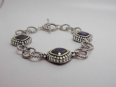 Purple CZ Toggle Clasp Bracelet in Sterling Silver & Vermeil 7 1/4" NEW