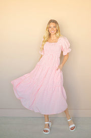 Jamie Bubble Gum Pink Gingham Midi Dress - Restocked