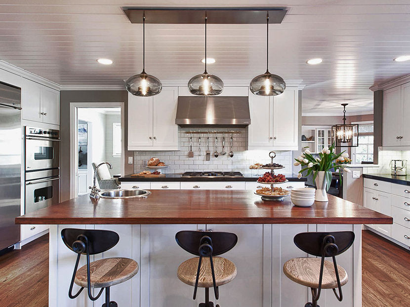 pendant lights above bar kitchen