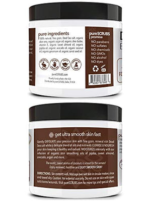 pureSCRUBS Premium Organic Body Scrub Set - Large 16oz COCONUT BODY SCRUB - Dead Sea Salt Infused Organic Essential Oils & Nutrients INCLUDES Wooden Spoon, Loofah & Mini Organic Exfoliating Bar Soap
