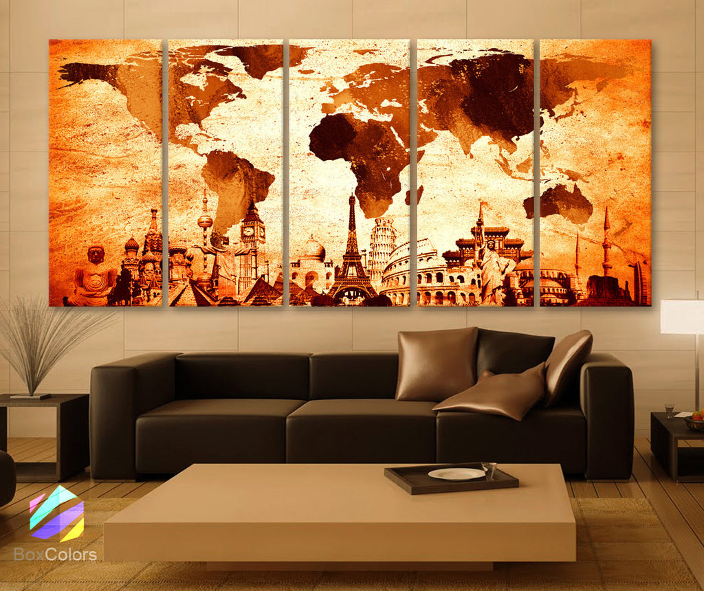 Xlarge 30 X 70 5 Panels Art Canvas Print Original Wonders Of The World Map Old Vintage Drawing Wall Decor Home Interior Framed 1 5 Depth