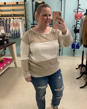 Taupe Cable Knit Contrast Top
