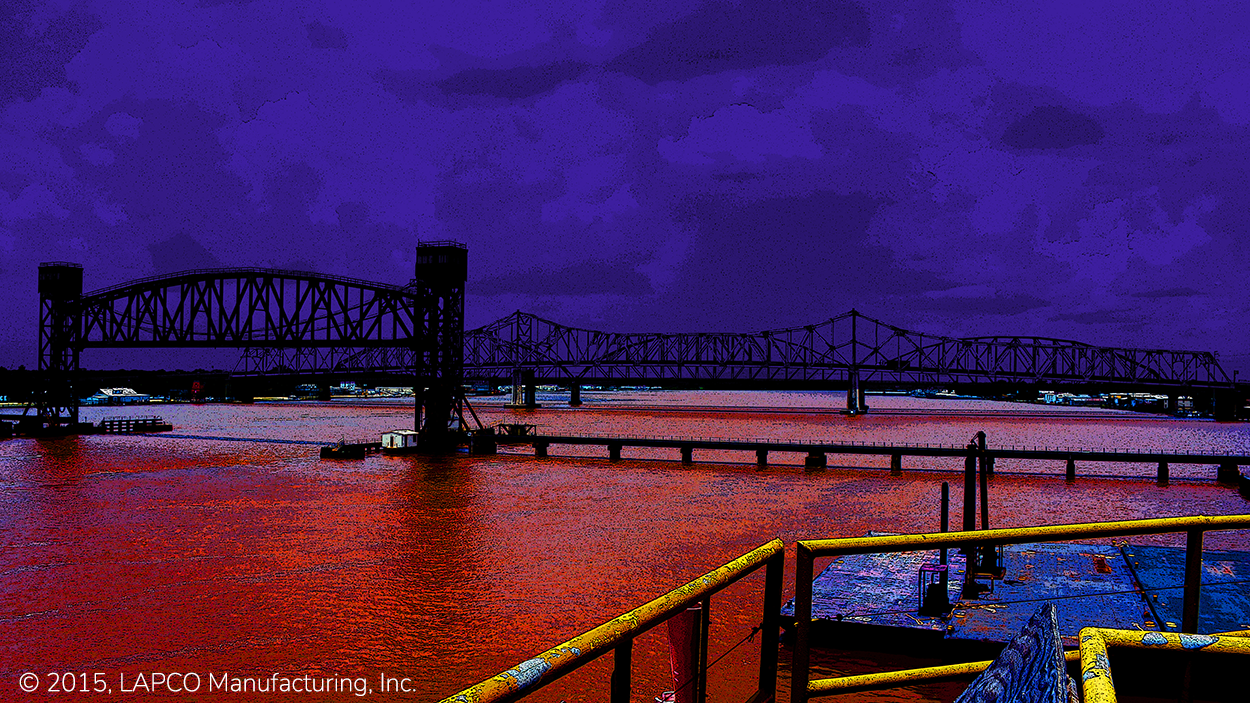 View from the Mr. Charlie drilling rig of the three bridges spanning the Atchafalaya river from Morgan City to Berwick Louisiana