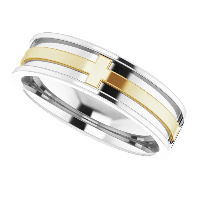 14k White & Yellow Gold Cross Men's Wedding Band