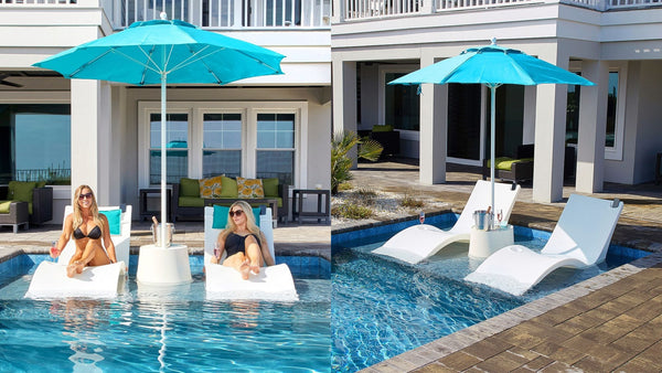 The Kai Luxury Umbrella showcased in a pool along side the Kai Luxury Shelf Lounger