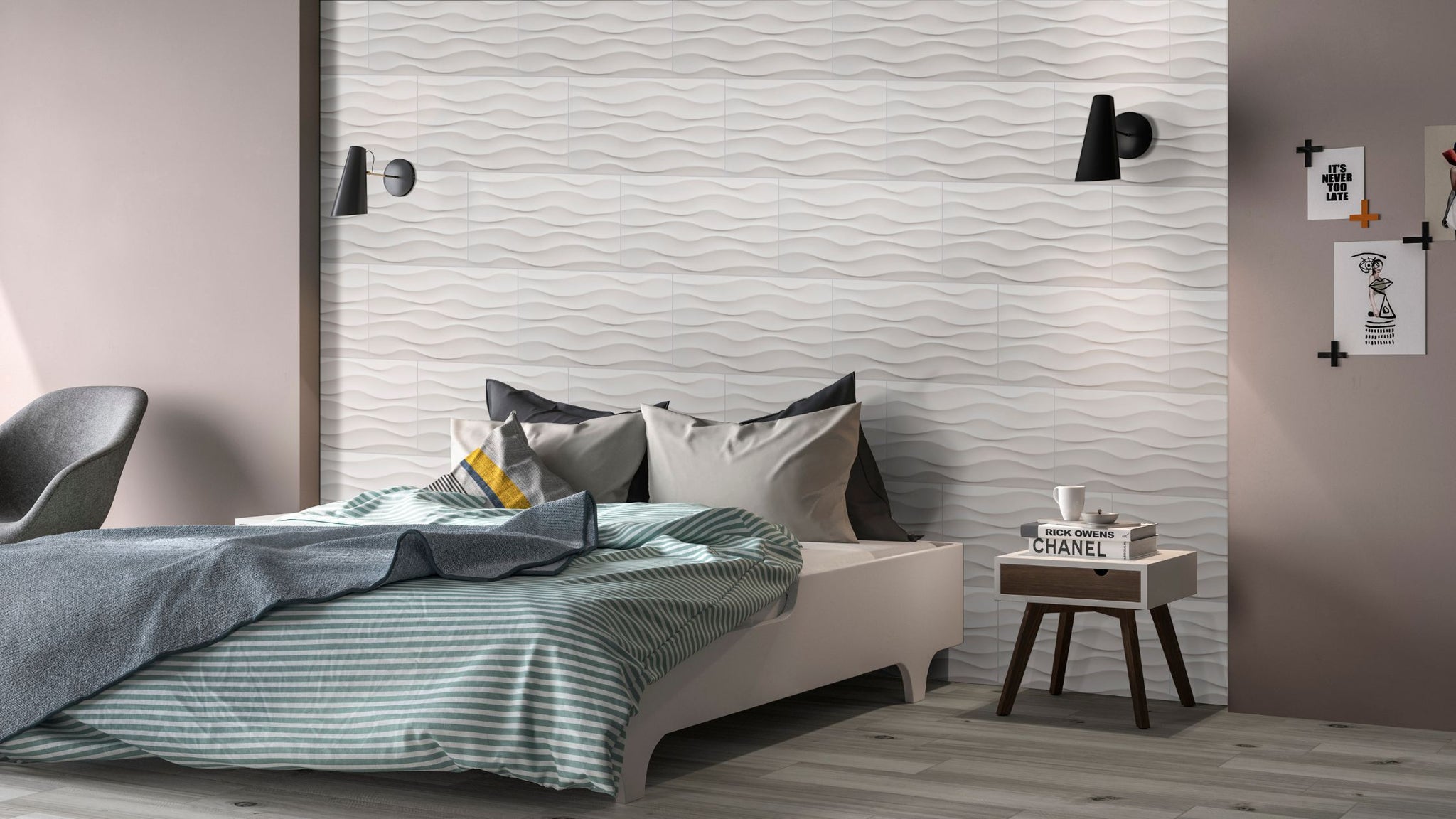 large format 3d tile used in a bedroom as an accent wall