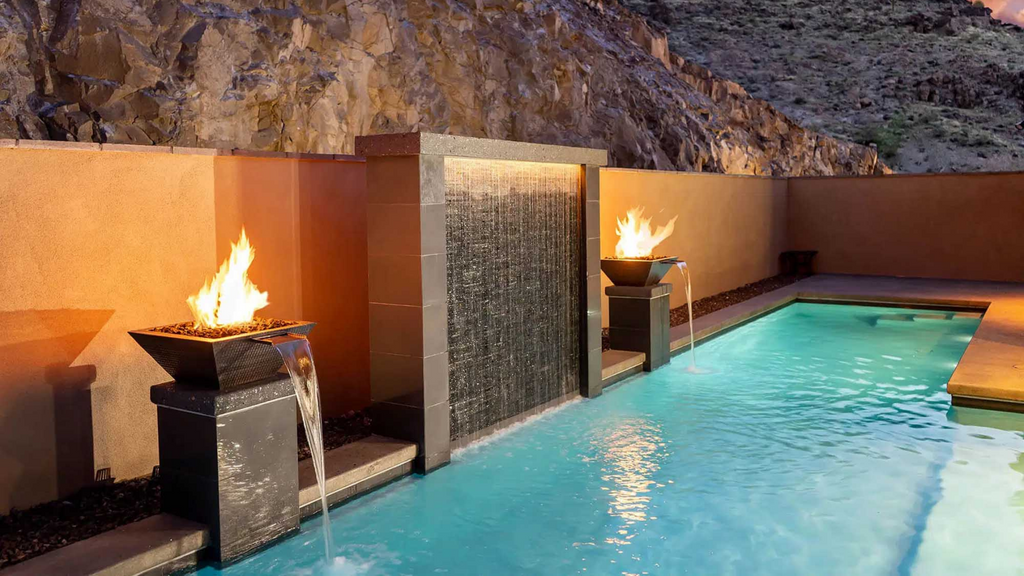 Fire and water feature bowl spilling into pool