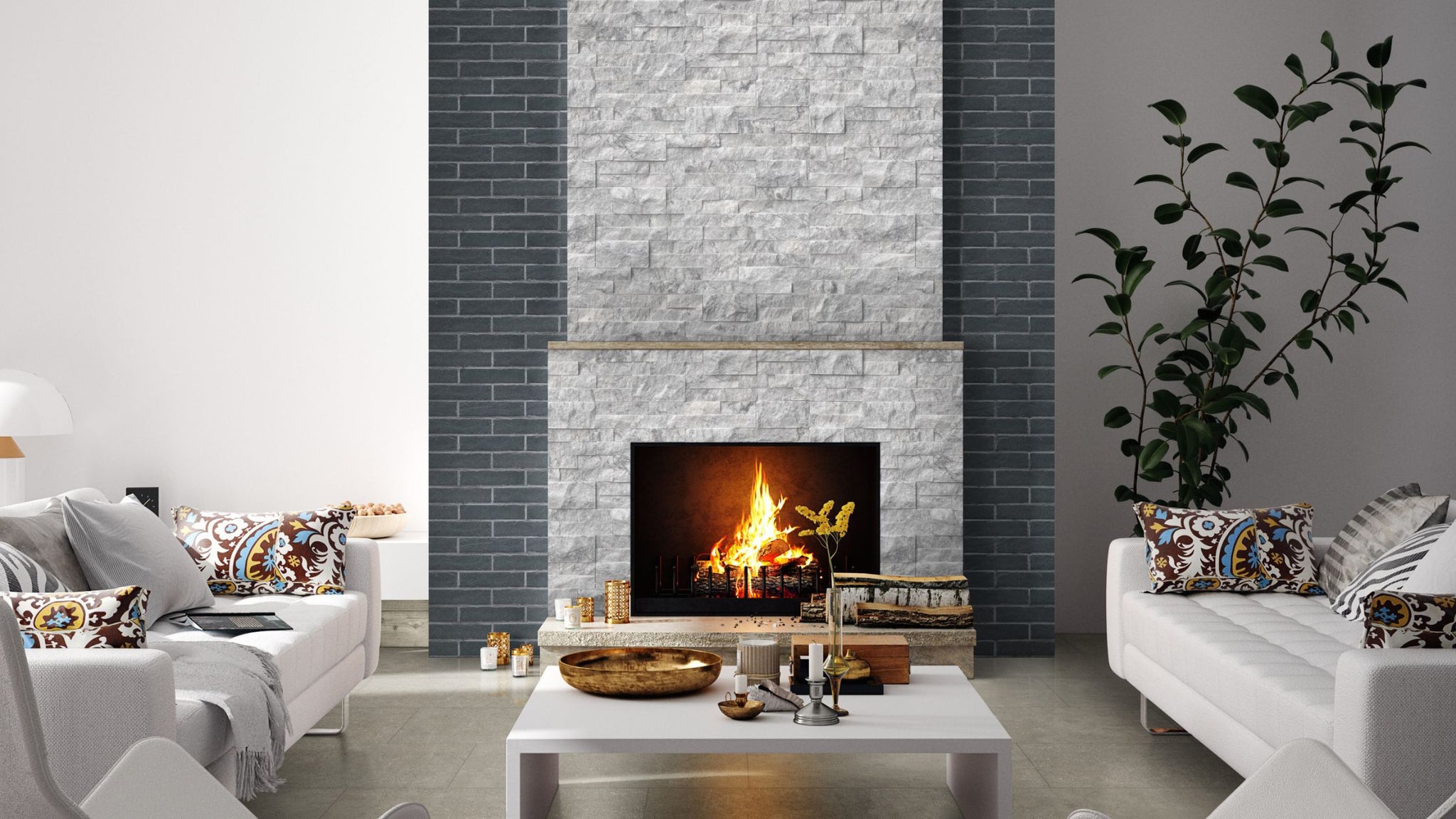 Porcelain Ledger Stone Tile Used Around Fireplace in modern living room with white couches.