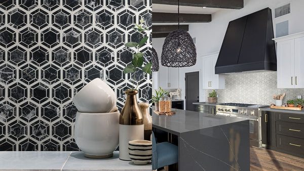 Geometric tile in kitchen backsplash and accent wall