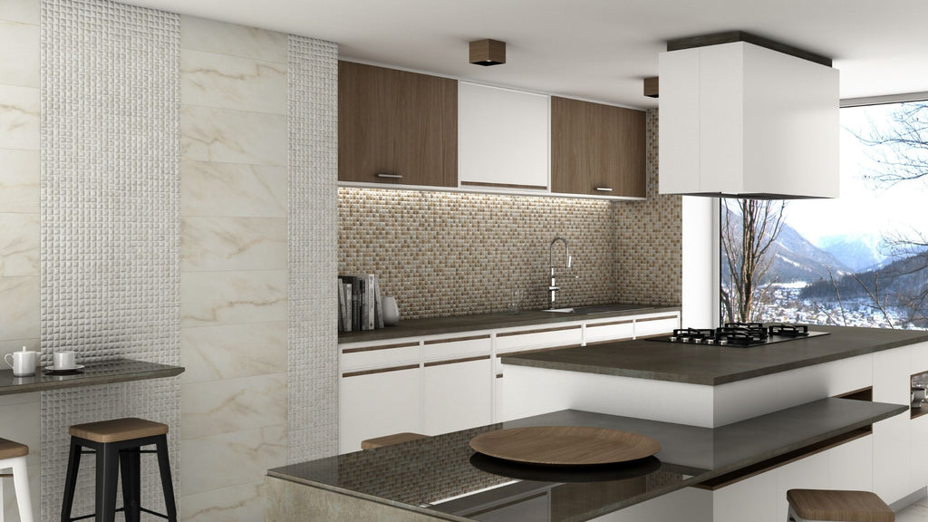 ultra modern kitchen with glass kitchen backsplash tile