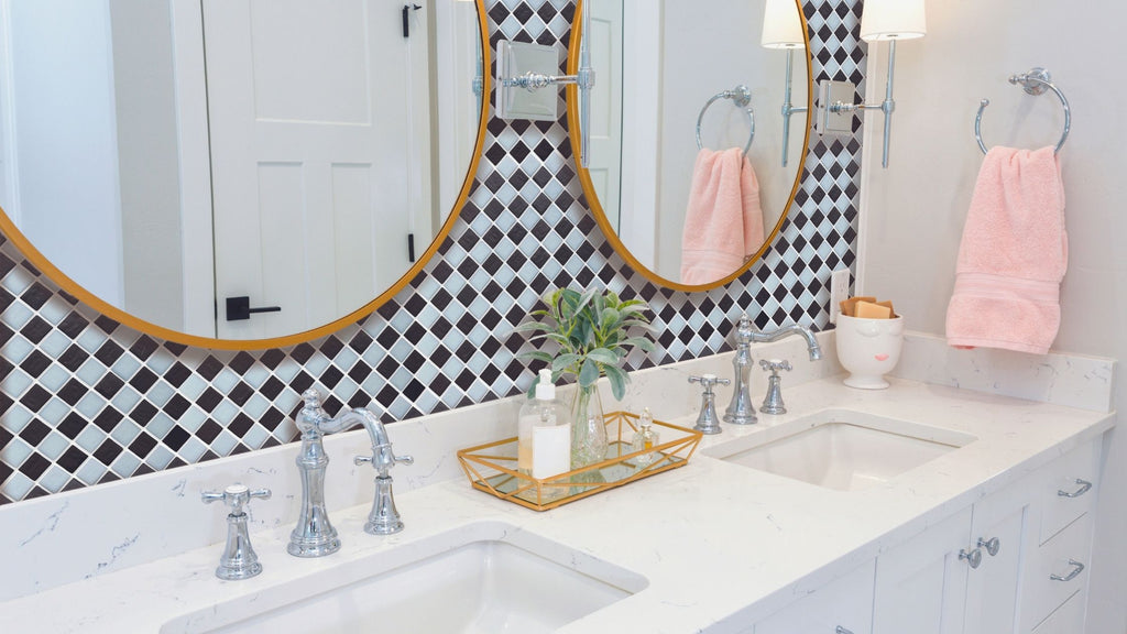 Checker Layout, white and black glass tile backsplash in a bathroom