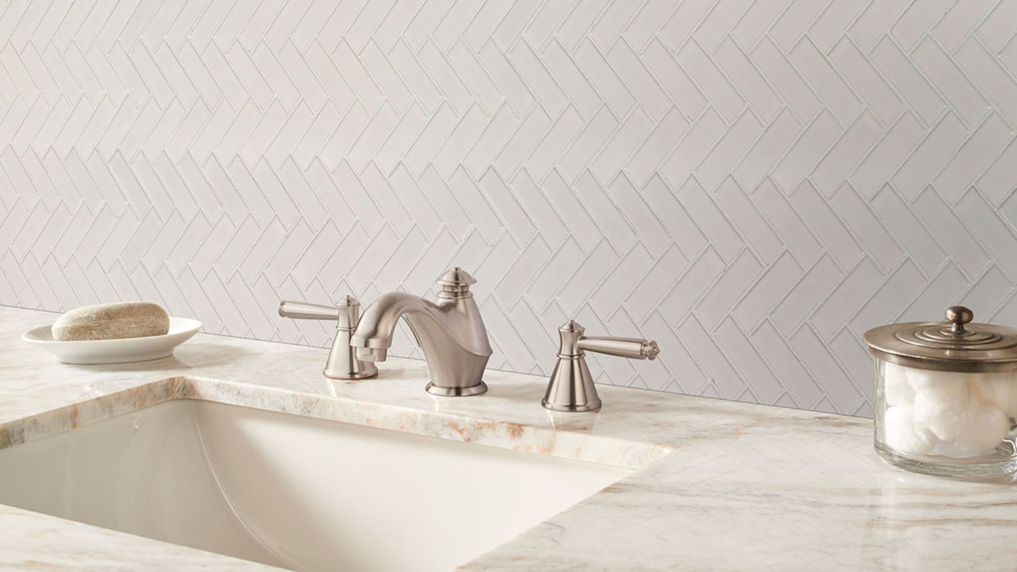 Herringbone Pattern tile in bathroom backsplash