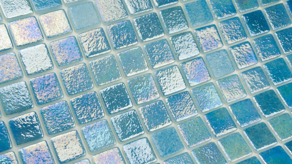 A close-up shot of blue, iridescent glass tile.