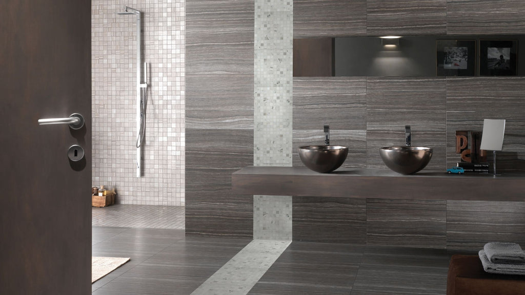Glass tile and large format wood-look tiles used in an ultra modern backroom backsplash