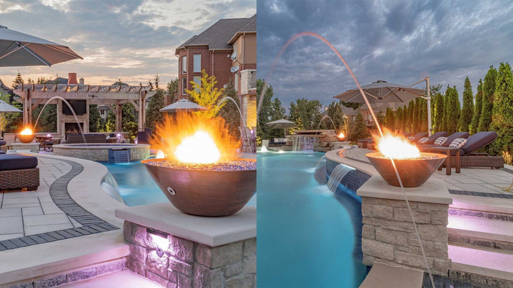 The Remi Round Fire Bowl around a luxury pool