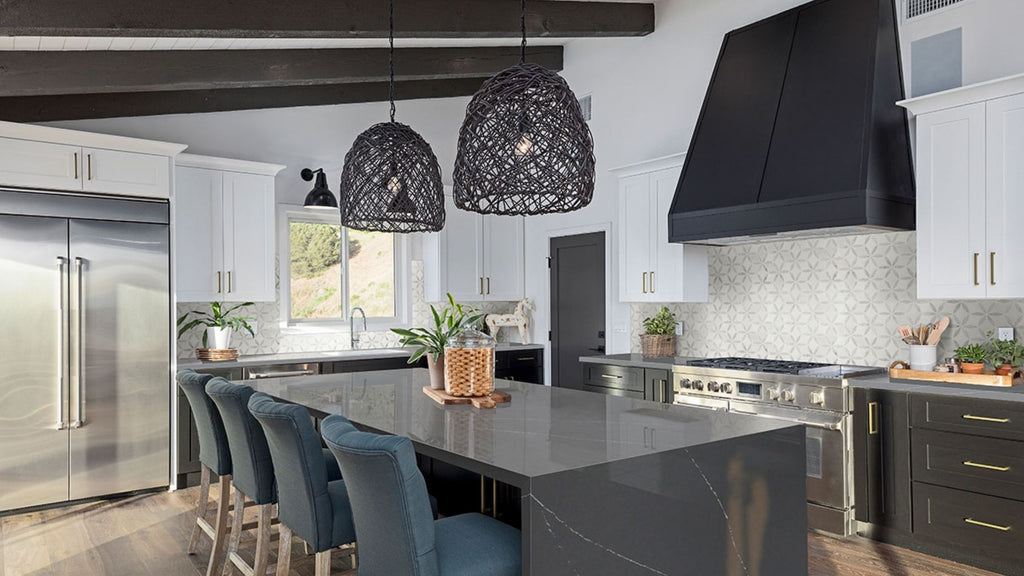 A beautiful kitchen with a geometric pattern backsplash
