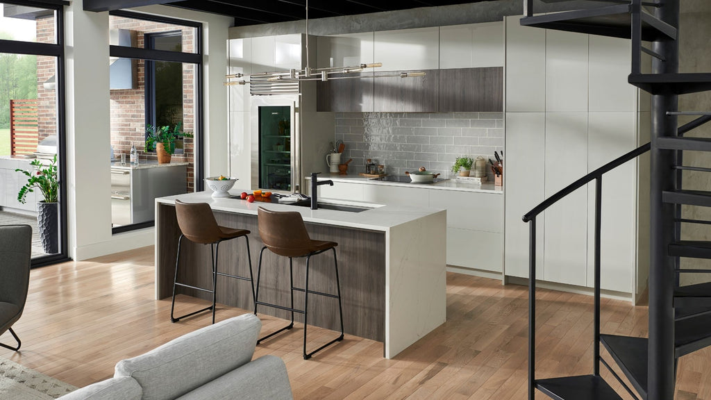 Light gray subway tile used in a kitchen backsplash