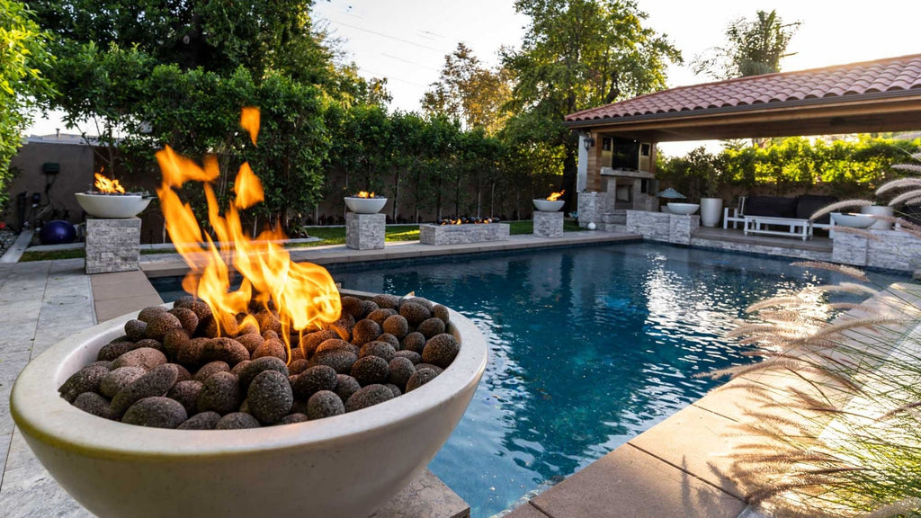 Fire Bowl close up next to a pool