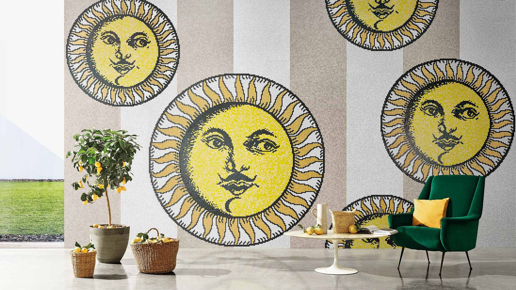 A beautiful mural on a patio wall showcasing intricate sun motifs using Bisazza tiles.