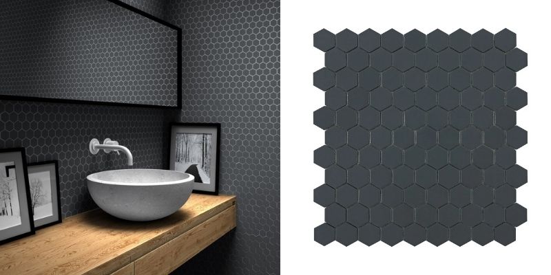 dark black hexagon tile bathroom