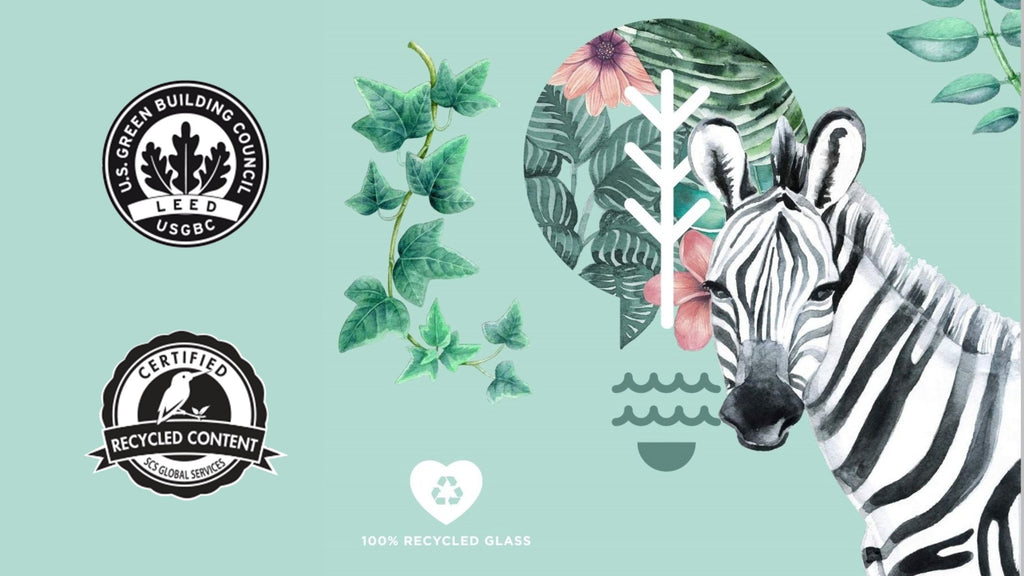 A light green graphic with an artistic zebra and plants that make up the shape of a lightbulb. There are also two badges on the left; one showing LEED certification and the other showing SCS certification.