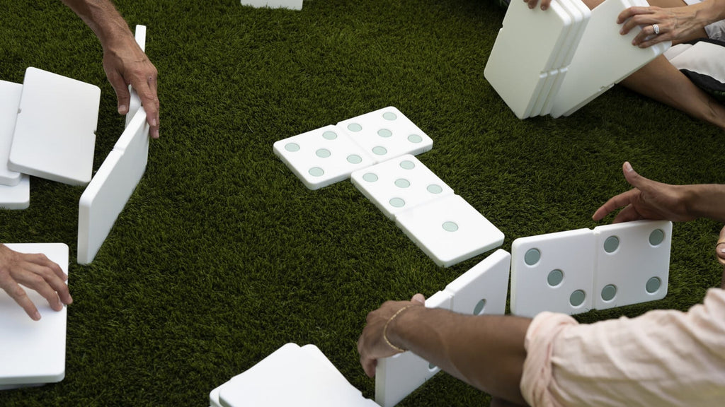 Outdoor Giant Dominoes set on lush lawn