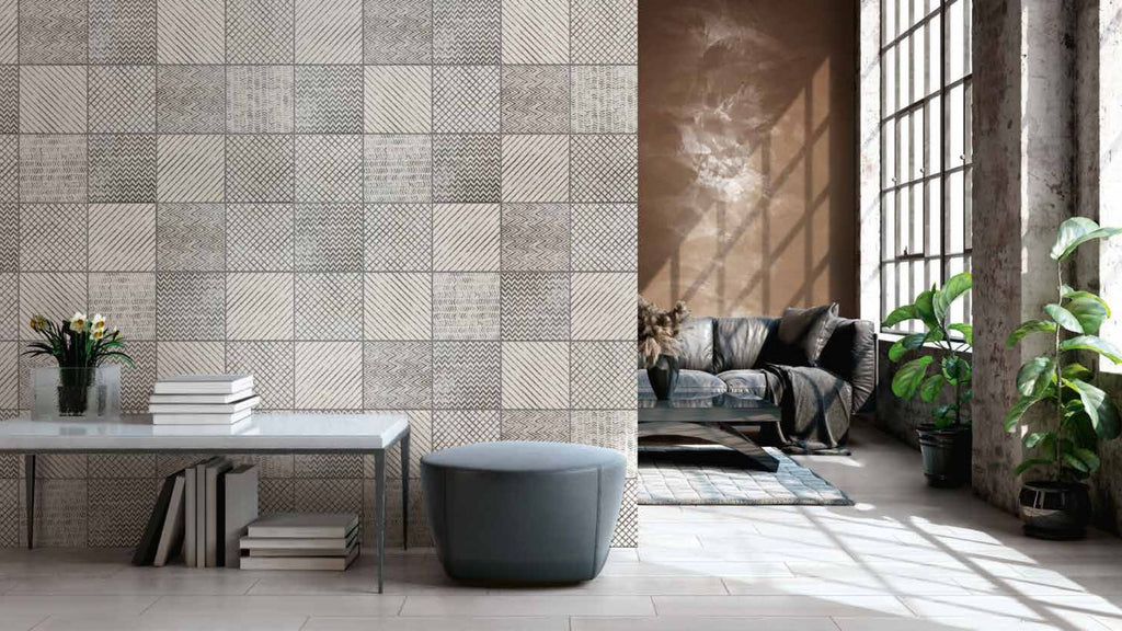a patterned tiled accent wall