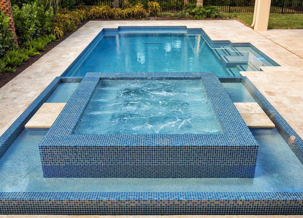 glass tile spa and waterline