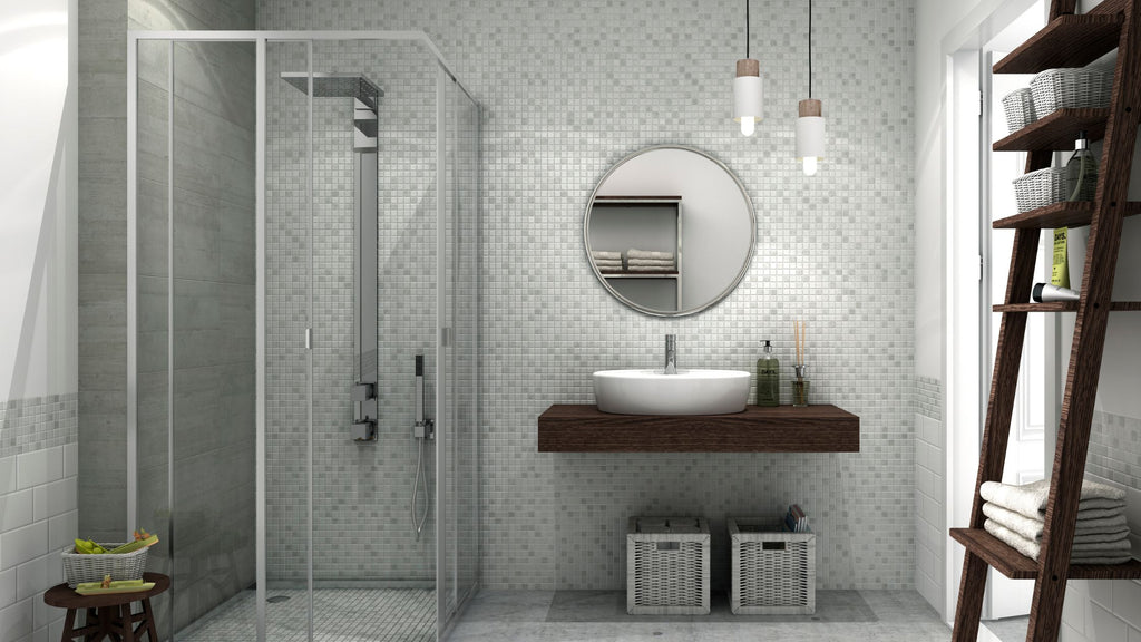 Grey Quilt glass tile from the Hydraglass collection. It's installed on an entire bathroom wall.