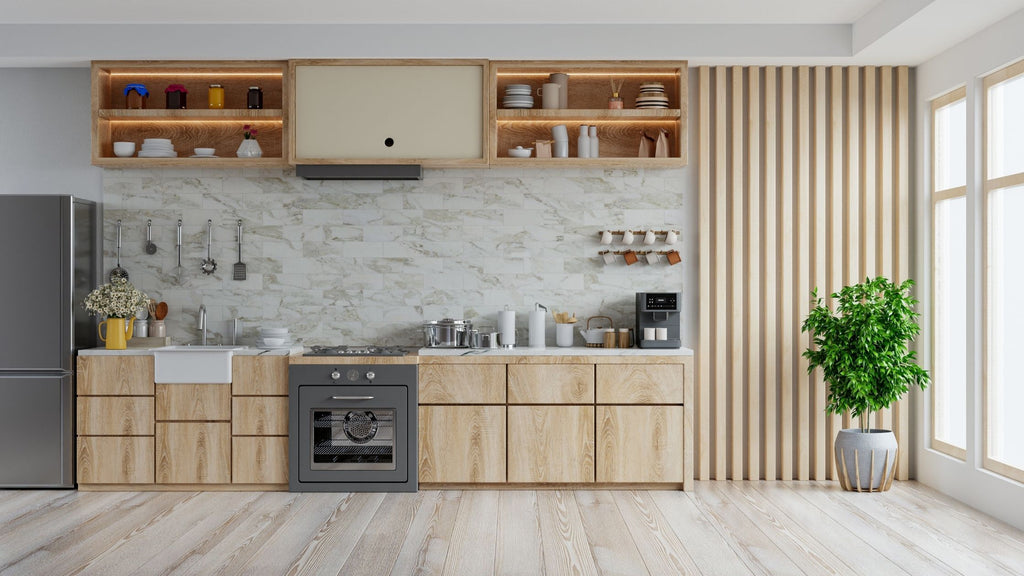 Beautiful professionally designed kitchen with natural wood cabinets and marble-look tile for the backsplash