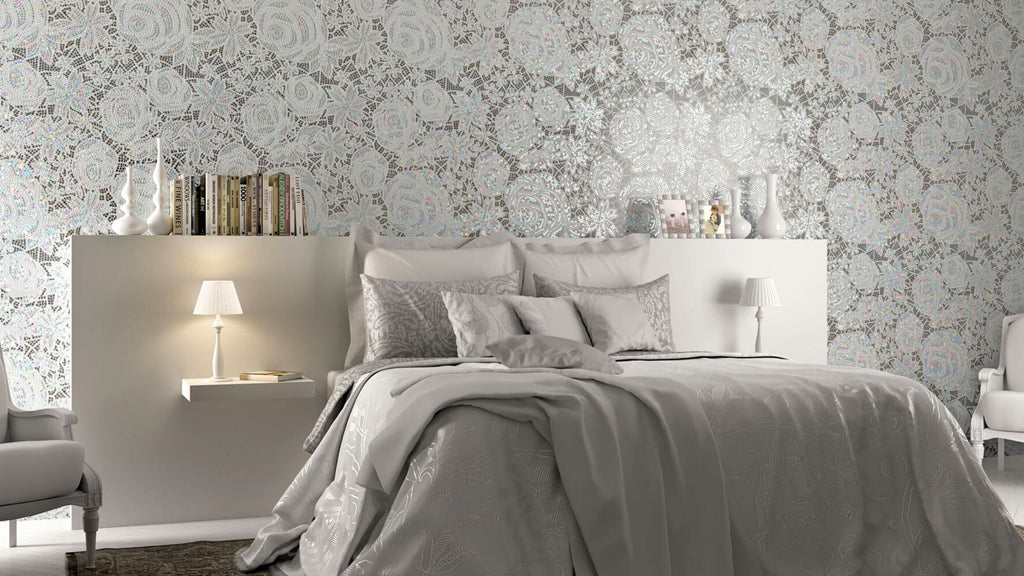 A beautiful white and champaign colored floral venetian glass mosaic mural. The wall is in a luxury bedroom with a white and gray color pallet