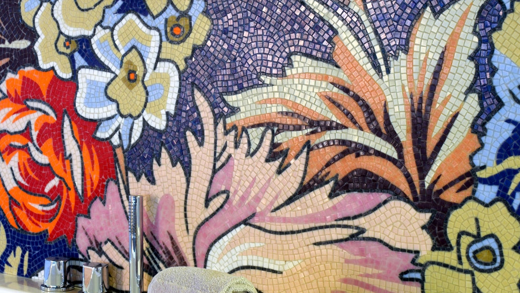 Close up of a bright and colorful floral venetian glass mosaic.