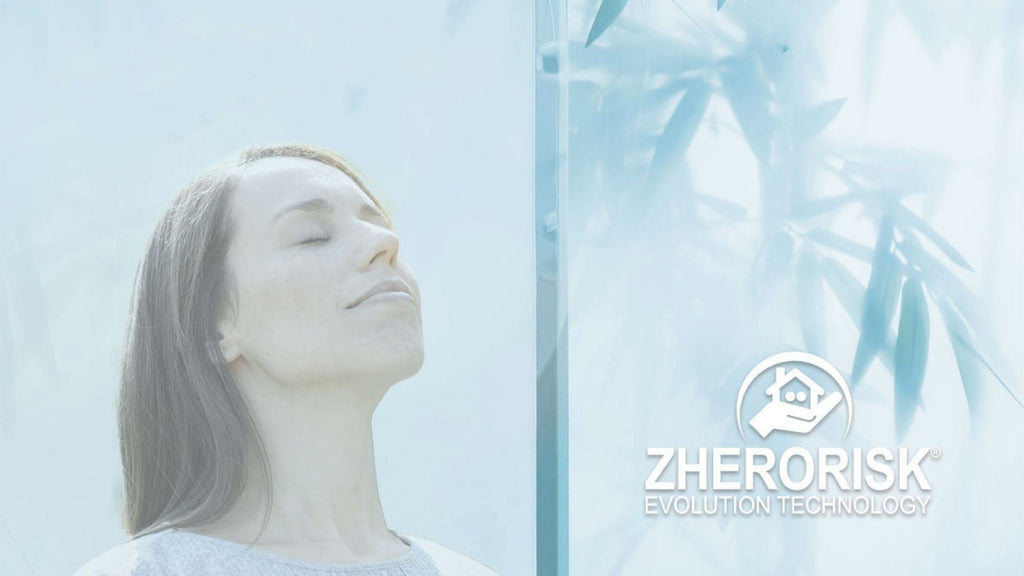 woman taking a deep breath with the zherorisk logo.