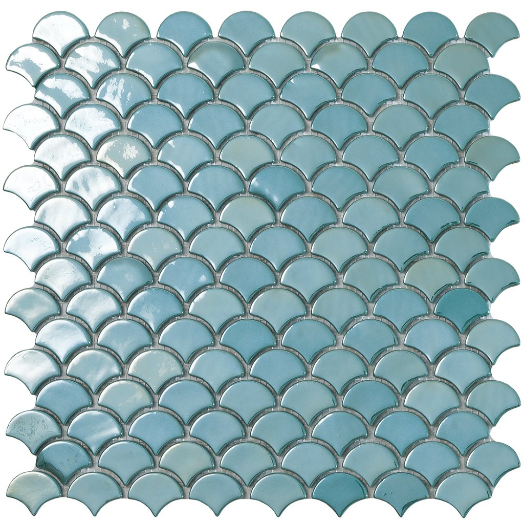 Brushed Turquoise, Fish Scale Mosaic - Glass Tile - 1 Sheet (0.94 Sqft)