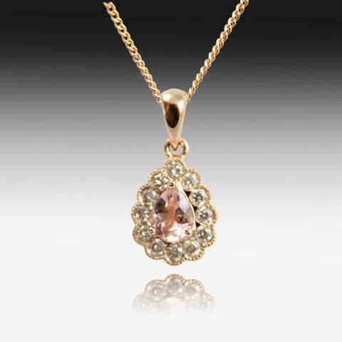 Rose Gold Morganite & Diamond East-West Halo Necklace 16 1/4